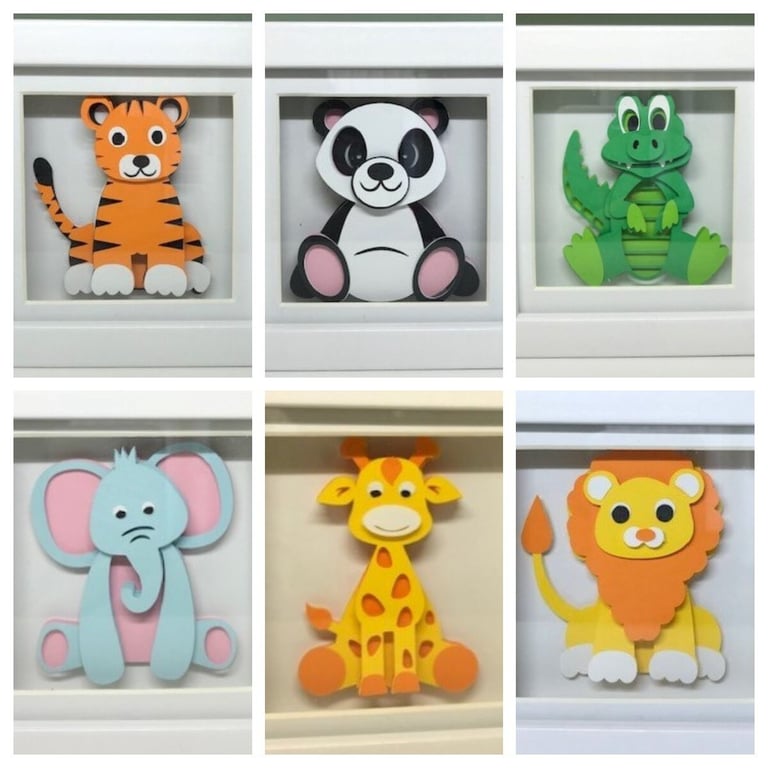 3D Jungle Animal Pictures in Shadow Box Frame - Nursery decor