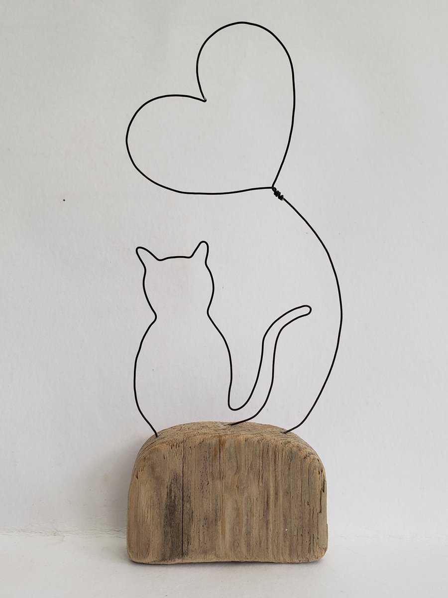 I love my cat driftwood and wire heart art
