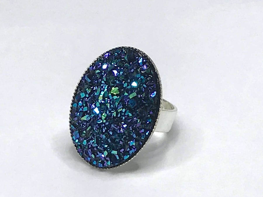 MIDNIGHT BLUE RING navy silver base faux druzy glitter 