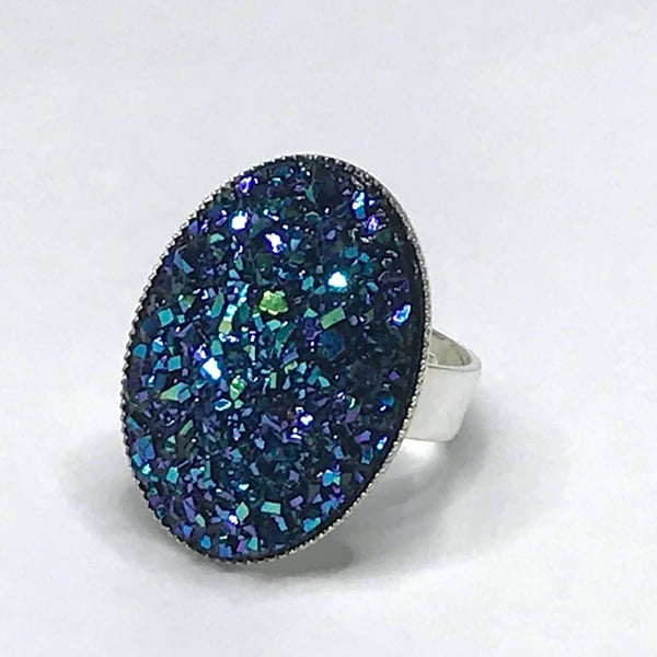 MIDNIGHT BLUE RING navy silver base faux druzy glitter 