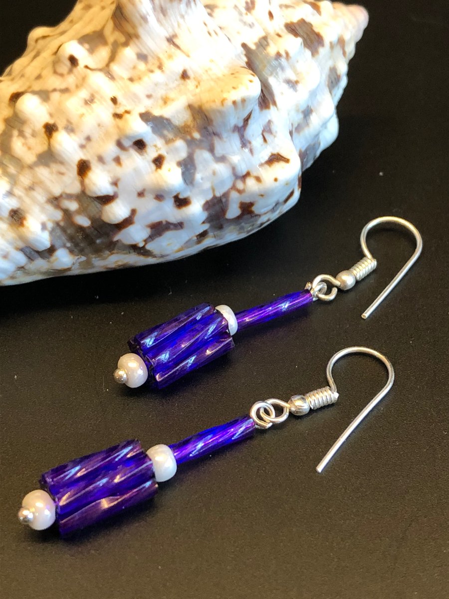 Purple And White Dynamite Bugle Bead Earrings 