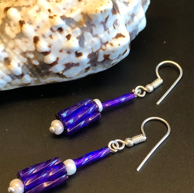 Purple And White Dynamite Bugle Bead Earrings - Folksy