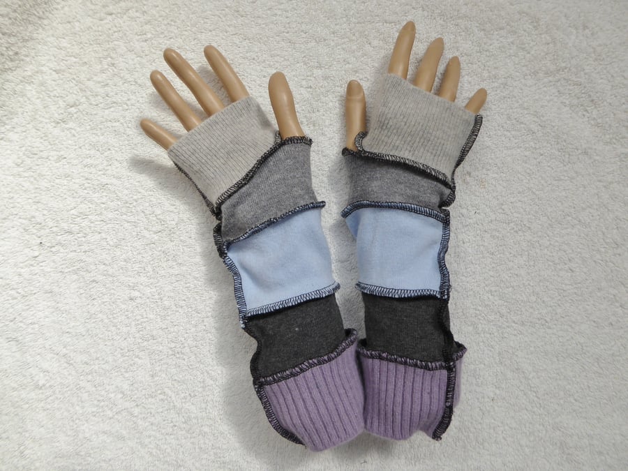 Finger-less Gloves Arm-warmers created from Up-cycled Sweaters. Pale Blue grey