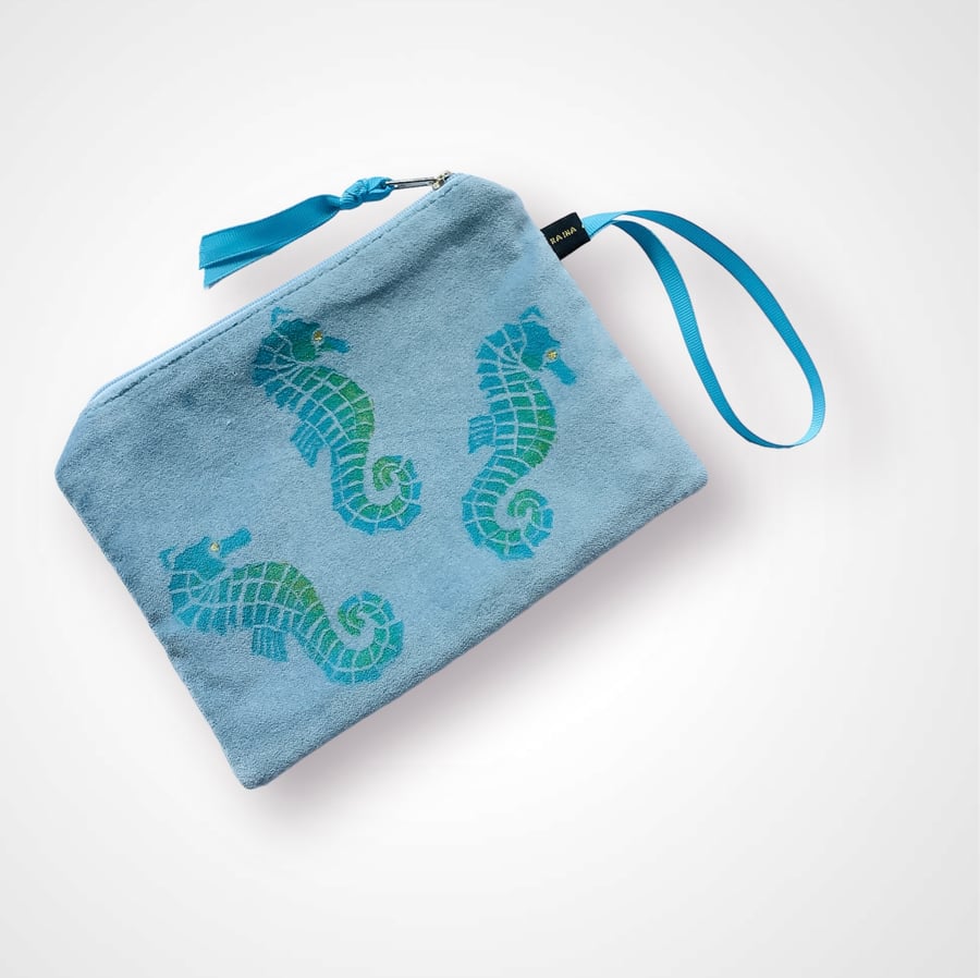 Sky Blue Seahorses Velvet Zip-Up Pouch