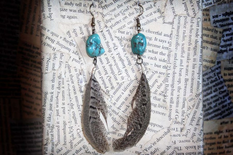 Turquoise Stone Brown Feather Dangle Hook Earrings