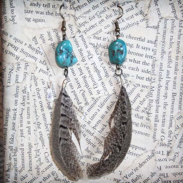 Turquoise Stone Brown Feather Dangle Hook Earrings