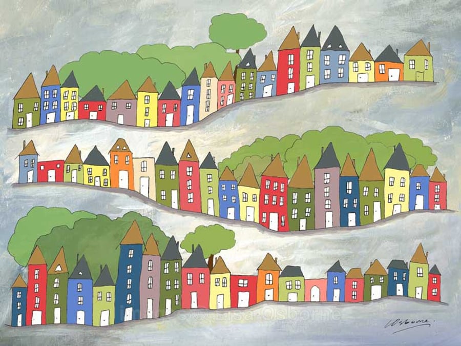 Hilly streets - print of digital illustration of houses