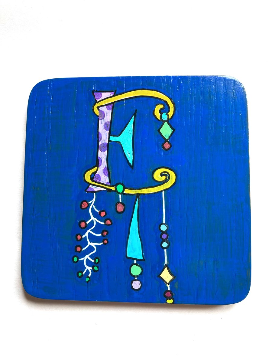 Up cycled Hand painted wooden letter E coaster
