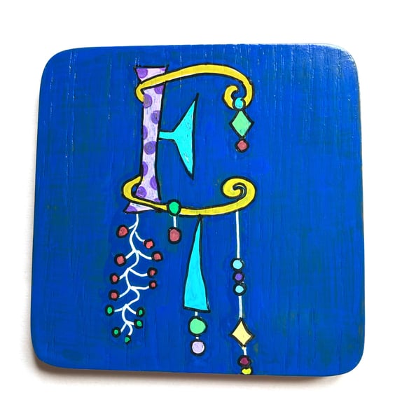 Up cycled Hand painted wooden letter E coaster
