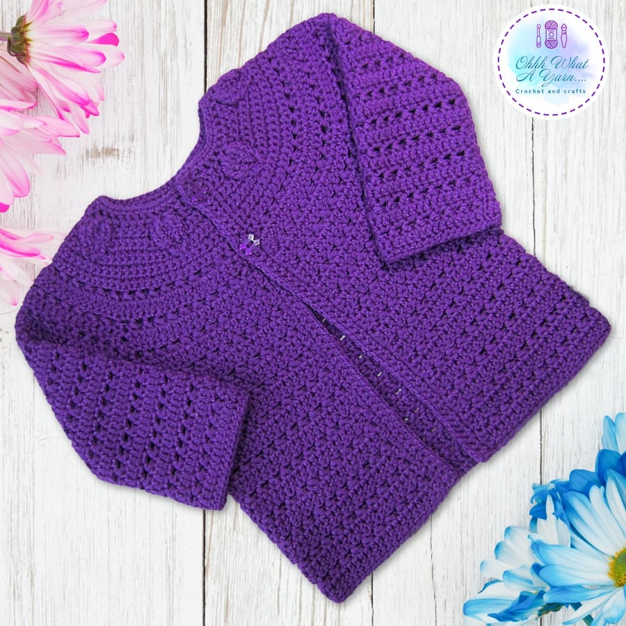 Purple 100% acrylic baby cardigan. Age 1-2 years. Baby cardi. Baby jacket.