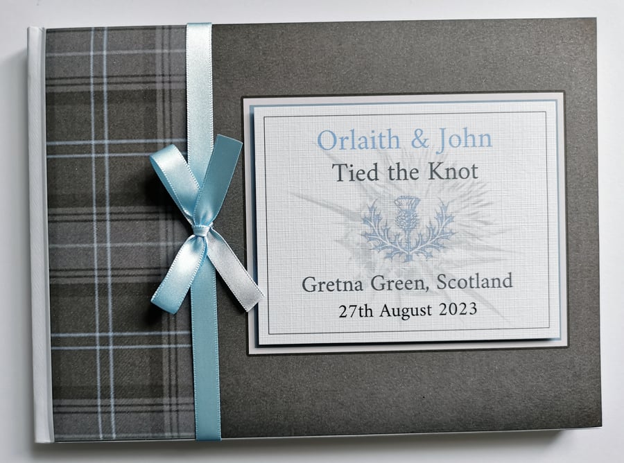 Scottish blue highland granite tartan wedding guest book, gift