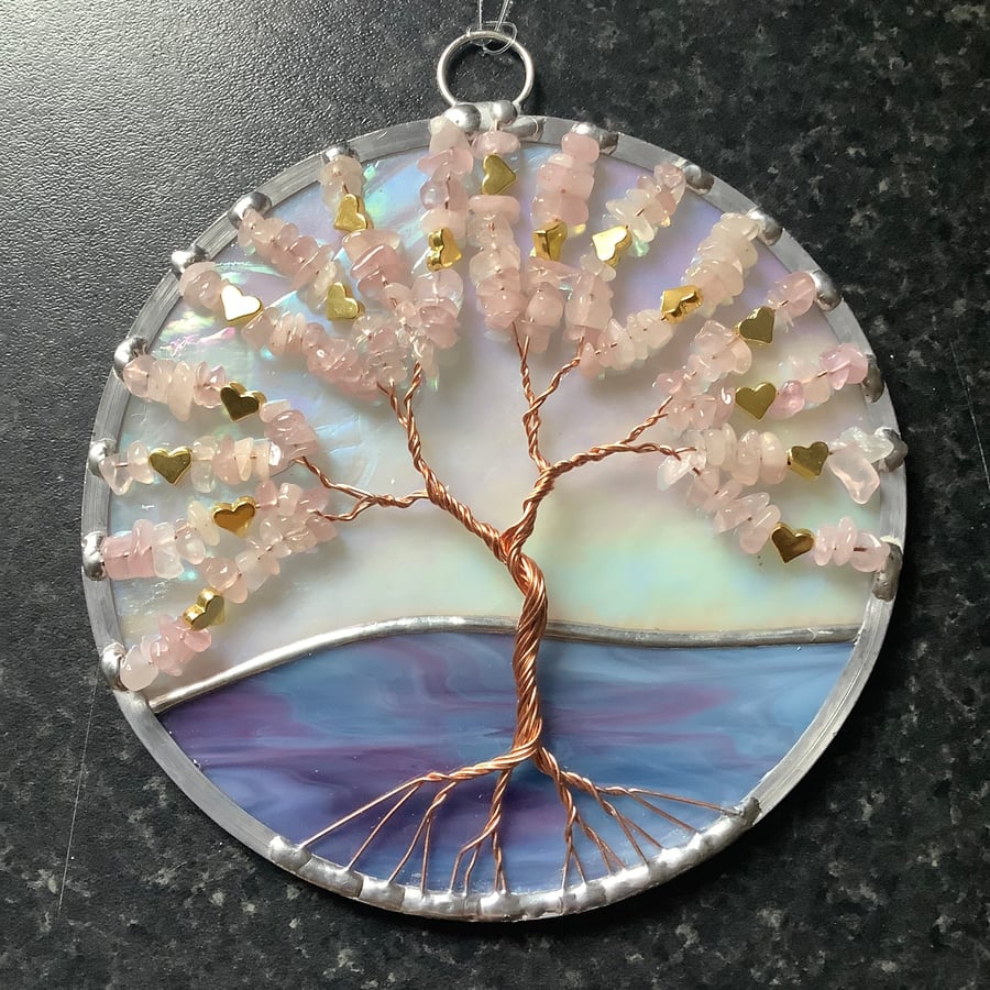 Rose quartz with golden hearts tree of life suncatcher