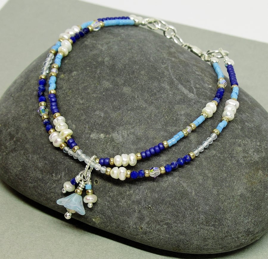 Blue Gemstone and Freshwater Pearl Beaded Bracelet - Sterling Silver