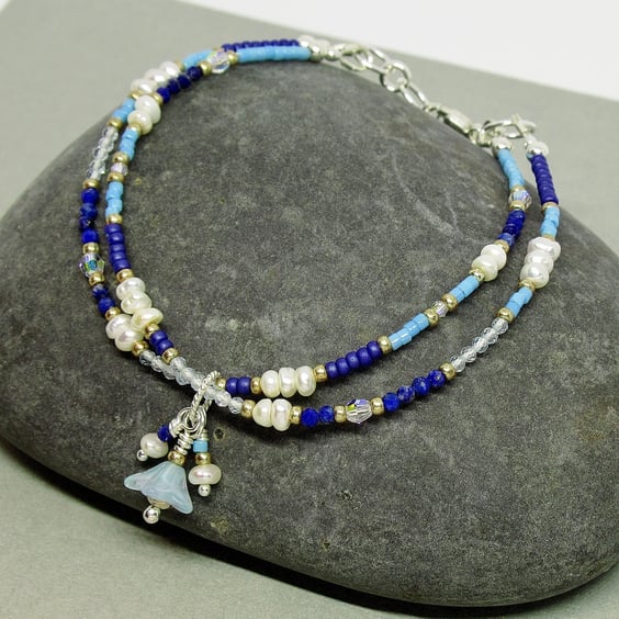 Blue Gemstone and Freshwater Pearl Beaded Bracelet - Sterling Silver
