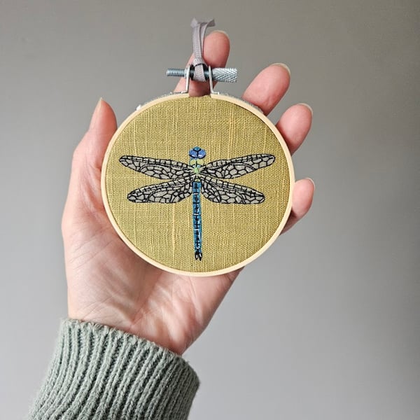 Dragonfly embroidered mini hoop, handmade hanging decoration