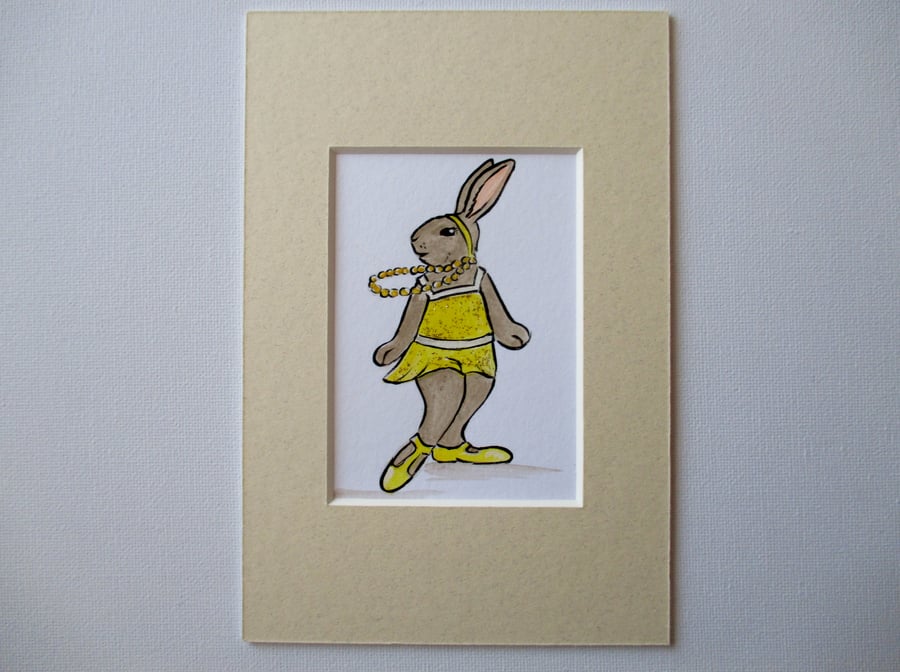 Sale ACEO Bunny Rabbit Charleston Dancer Miniature Original Painting Picture