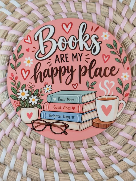 Book lover coaster 'Books are my happy place' cosy reading coaster