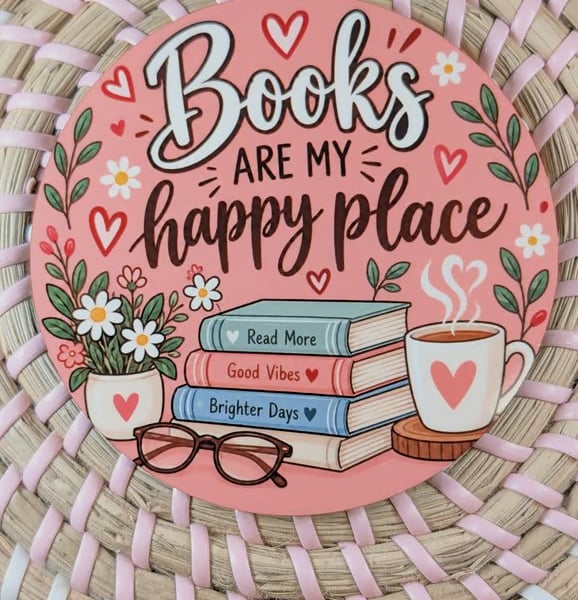 Book lover coaster 'Books are my happy place' cosy reading coaster