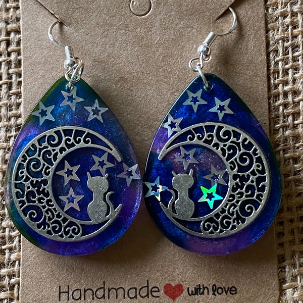 Pair Of Handmade Teardrop Cat On Moon Earrings