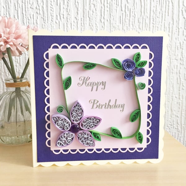 Birthday card - quilled flowers - boxed card option