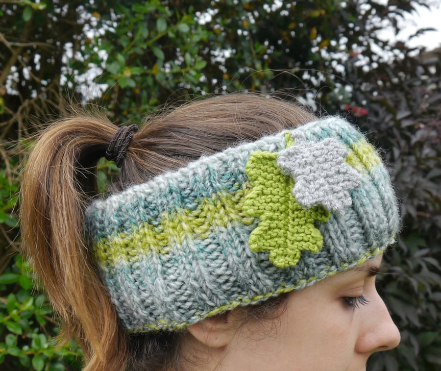 Lime and Grey Headband with Oak Leaf