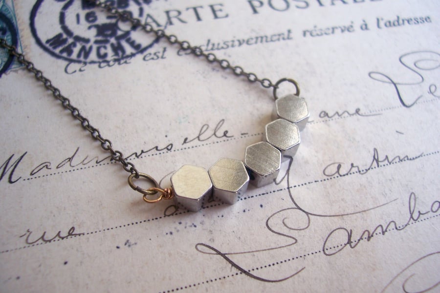 Silver Hexagon Row necklace - silver plated geometric beads - minimalist
