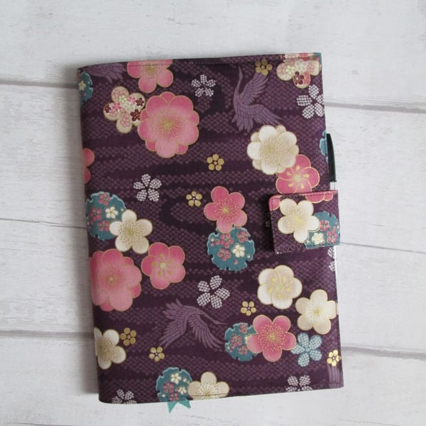 A5 Reusable Notebook Cover - Japanese Cranes and Flowers on Plum