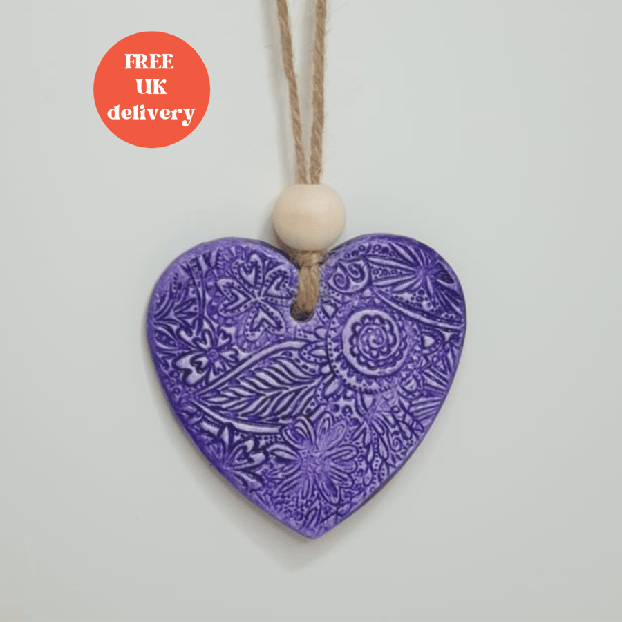 Purple heart hanging decoration, clay heart, anniversary gift for her