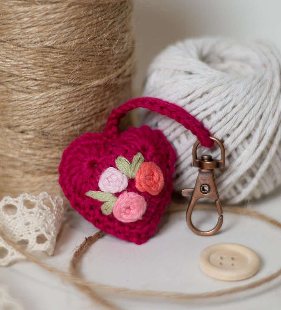 Raspberry Pink Crochet Heart with Embroidery - Keychain
