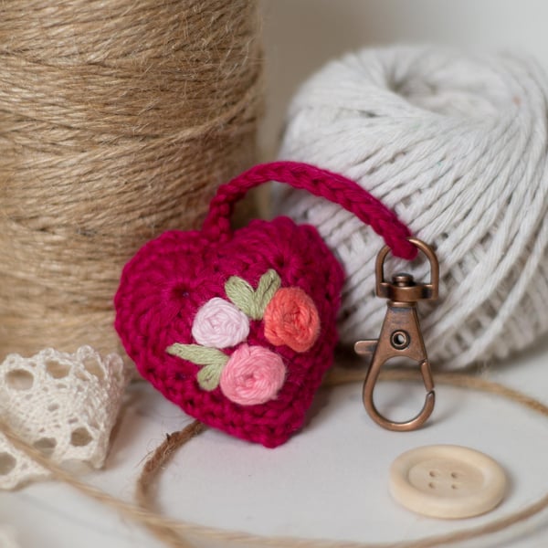 Raspberry Pink Crochet Heart with Embroidery - Keychain