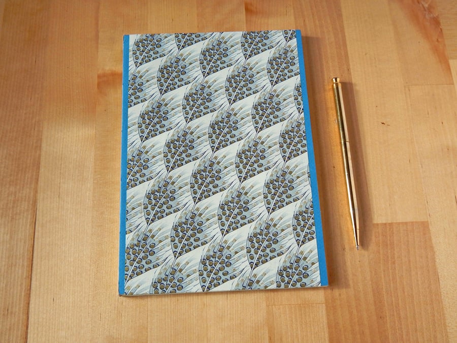 Blue Feathers A5 Journal. Lined cream pages. Guinea fowl feathers. Gifts for her