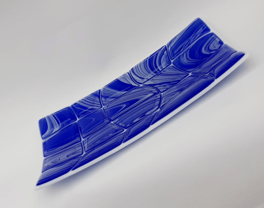 Fused glass dish, electric blue and white swirls