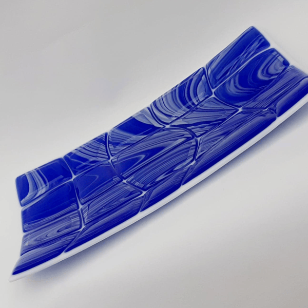 Fused glass dish, electric blue and white swirls