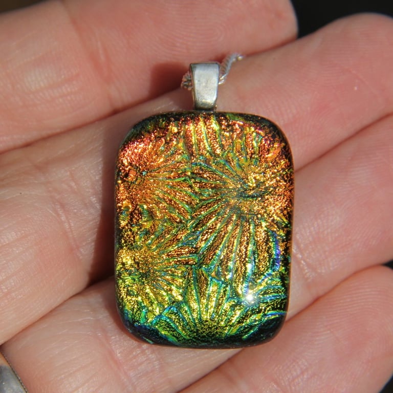 Handmade orange gold green dichroic flower pendant texture glass pendant Sku F15