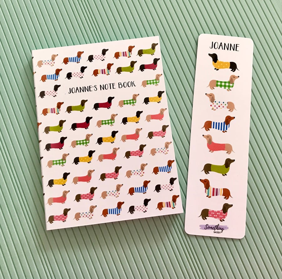 Personalised Dashund Notebook and Personalised Page Marker