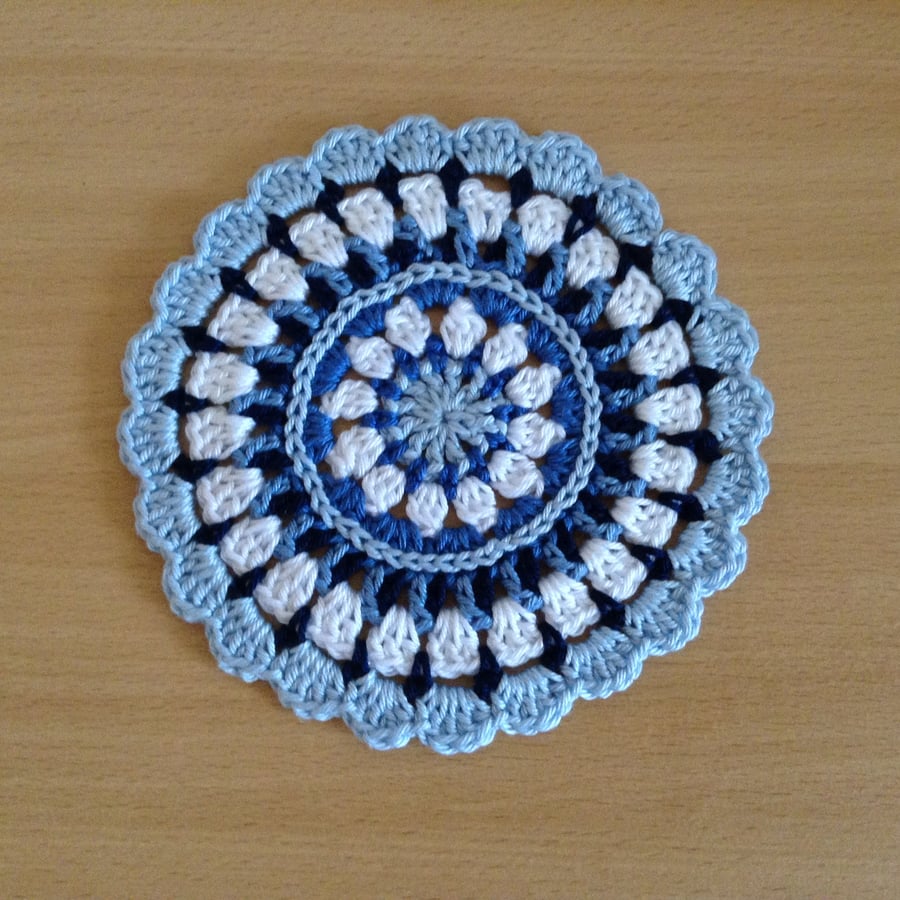 Crochet Mandala Table Mat Coaster in Blue and White