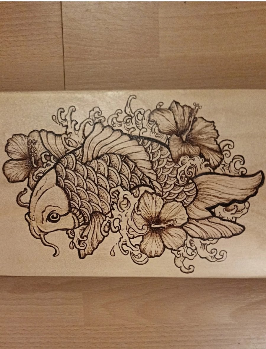 Hand Burned Koi Karp Fish Pyrography Skateboard - Original Wood Art Deck