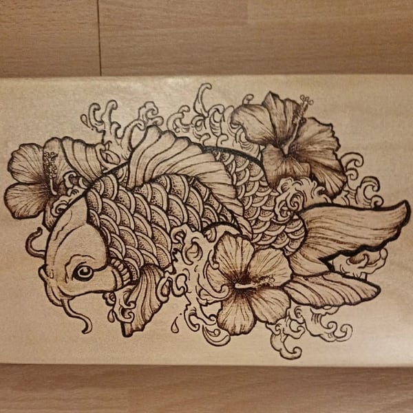 Hand Burned Koi Karp Fish Pyrography Skateboard - Original Wood Art Deck