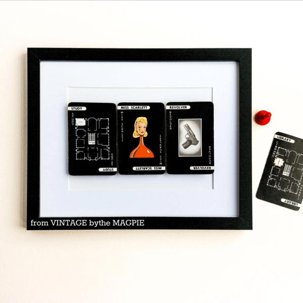 Original Vintage Cluedo game cards artwork, supplied mounted ready to frame 