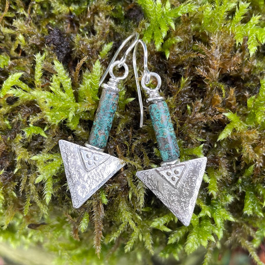 Sterling silver and African turquoise triangular earrings