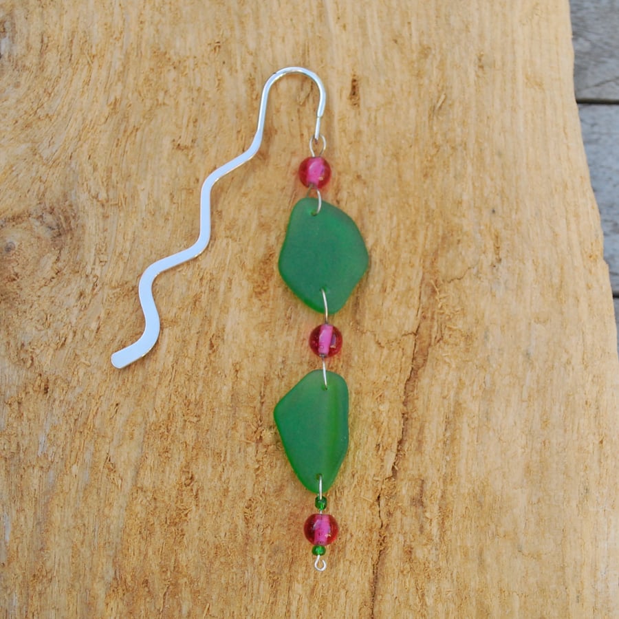 Green sea glass bookmark with pink beads