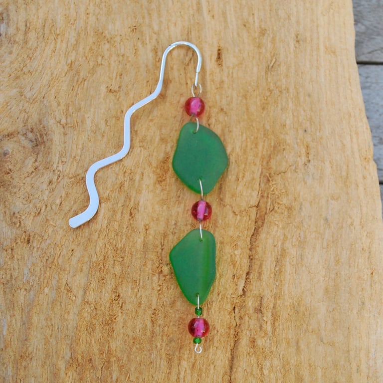 Green sea glass bookmark with pink beads
