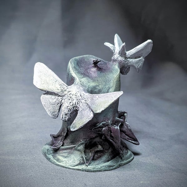 Unlit i - small, haunting, ethereal moth, flower and candle sculpture