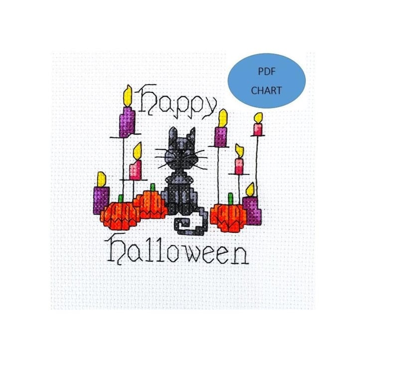 Halloween Cat Cross Stitch Pattern: Candles & Pumpkins (Digital Download)
