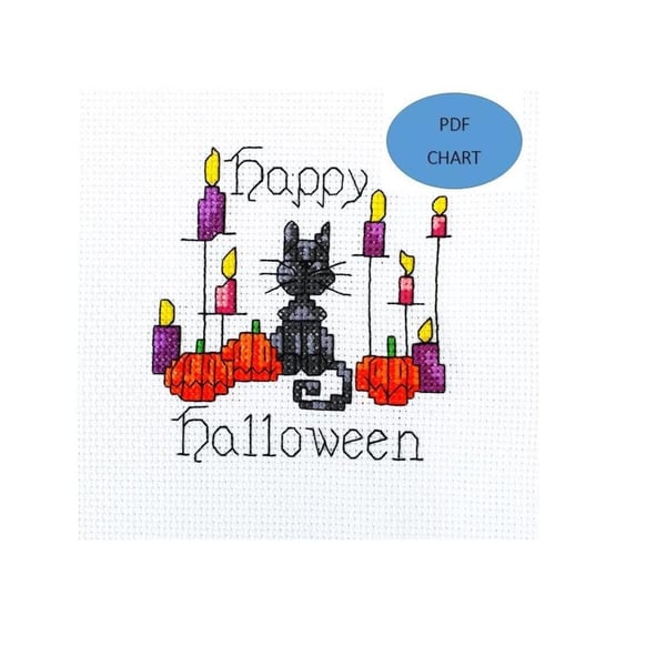 Halloween Cat Cross Stitch Pattern: Candles & Pumpkins (Digital Download)