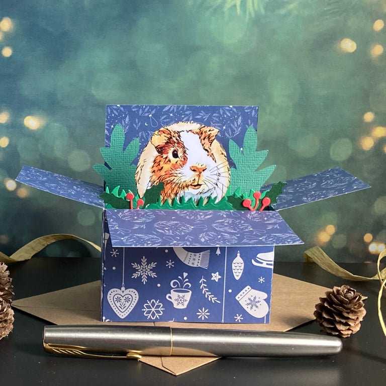 Guinea pig Christmas Card. 3D box card. Personalised Christmas gift card holder.