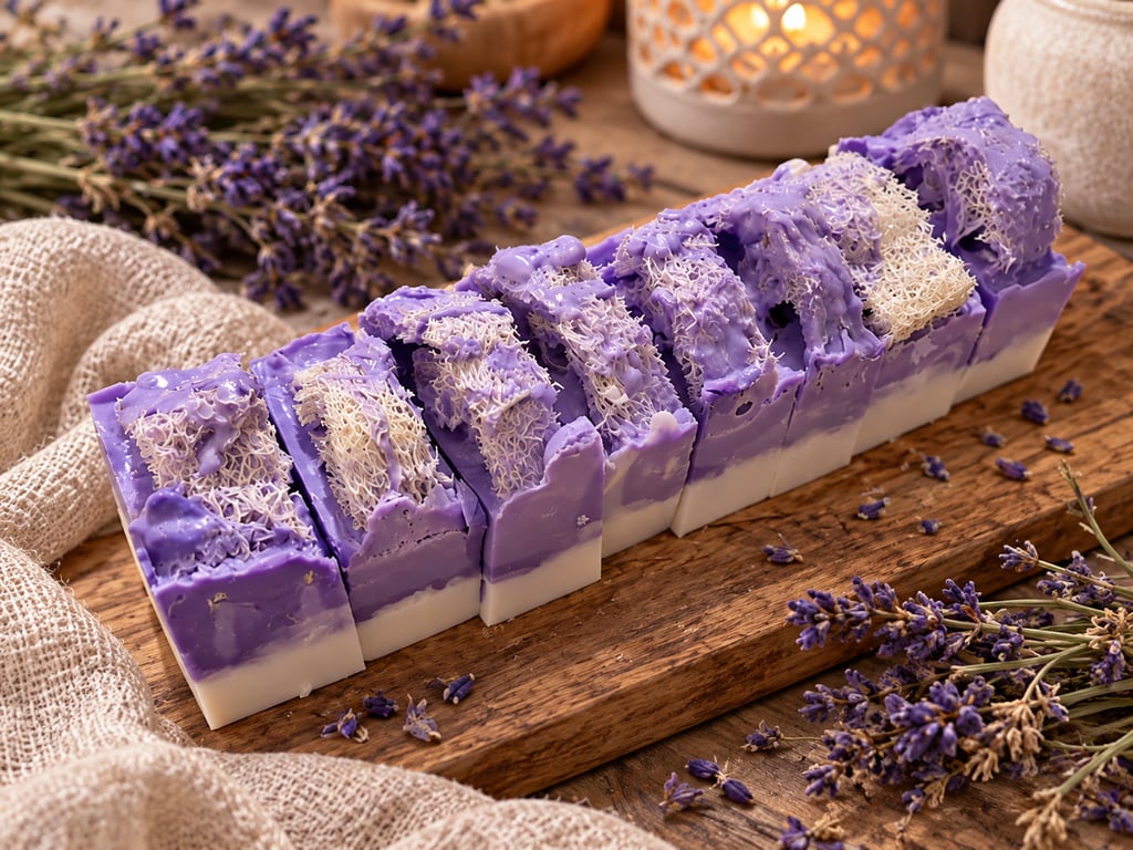 Lavender & Loofah Handmade Soap Bar – Purple Floral Soap, Exfoliating Loofah