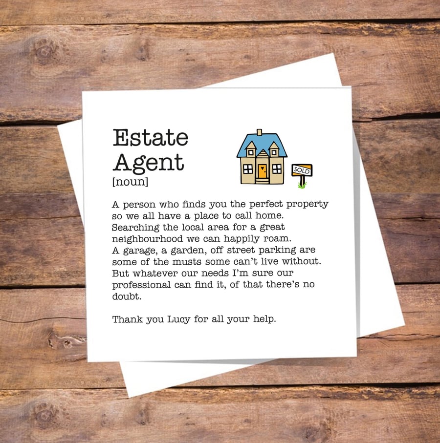 Estate Agent Definition Card - Thank you, personalised, blank inside