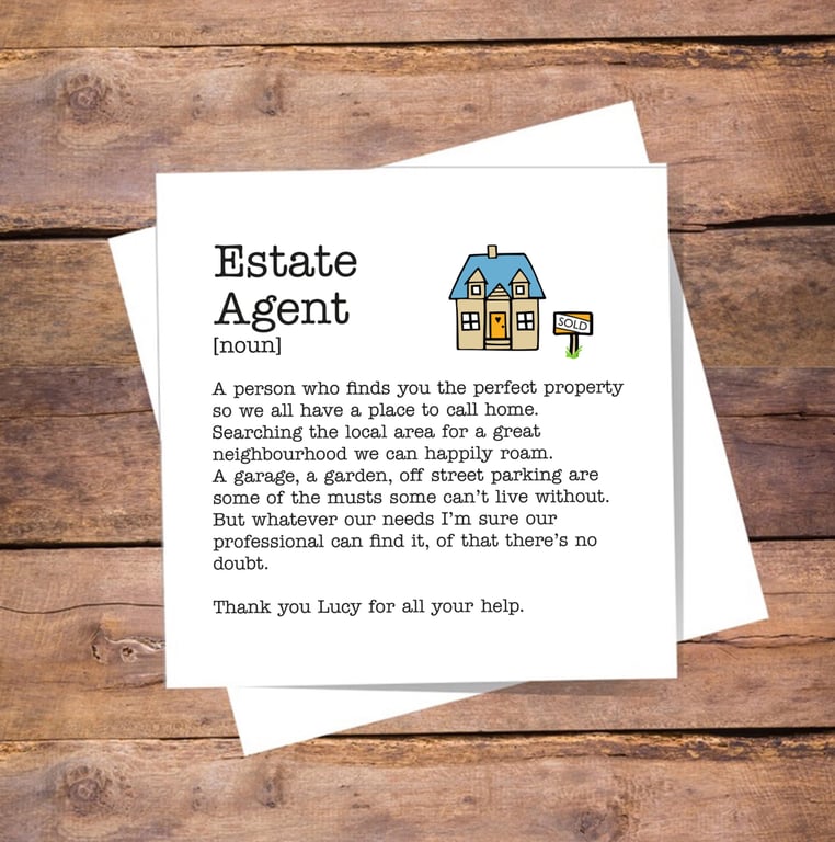 Estate Agent Definition Card - Thank you, personalised, blank inside