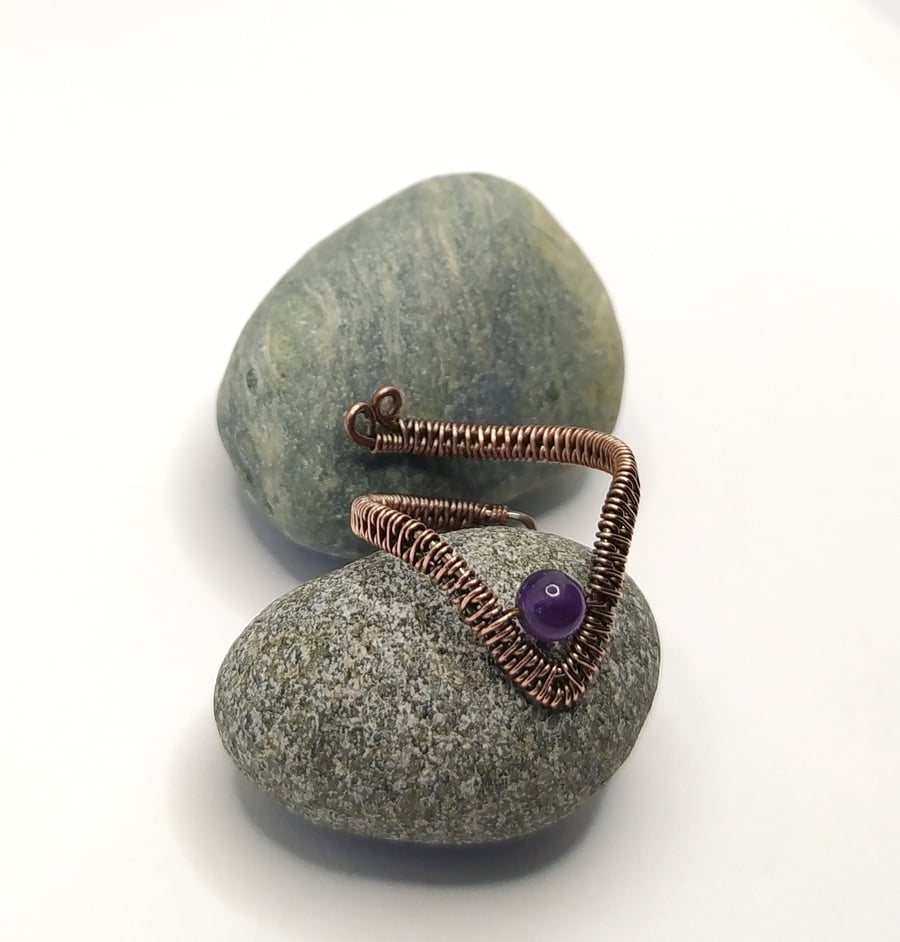 Wire Wrapped Wishbone Ring with Amethyst in Oxidised Copper